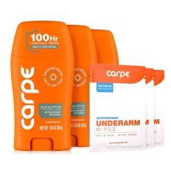 Carpe Antiperspirant Deodorant. Eucalyptus - 3 Pack + 3 Bonus Wipes | 100-Hour Sweat & Odor Control. Clinical Strength Antiperspirant Deodorant. Eucalyptus. 3 Pack + 3 Bonus Wipes